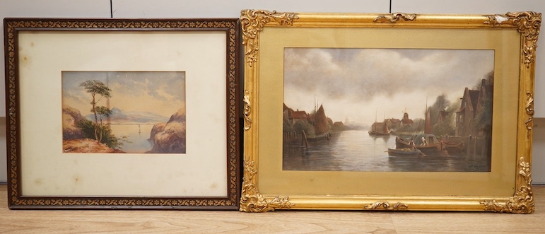 James Walter Gozzard (1888-1950), watercolour, Riverscape with barges, signed, ornately gilt framed, together with a Continental watercolour, Mountainous lakeside scene, indistinctly signed lower left, largest 22 x 37cm,